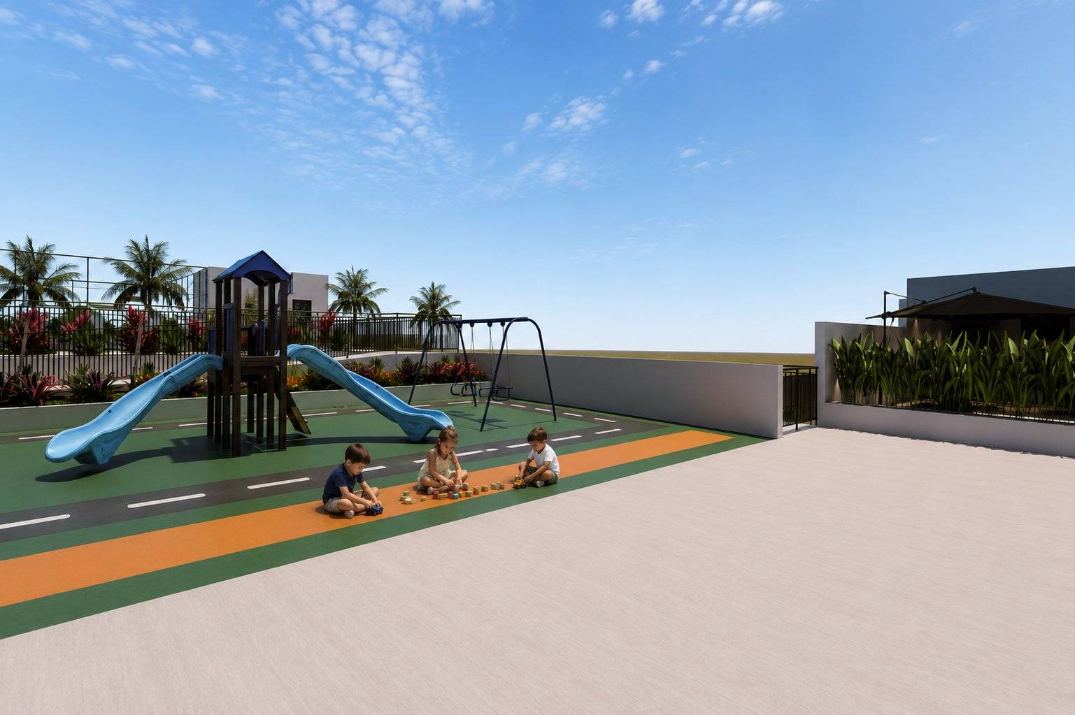 Quadra poliesportiva e playground