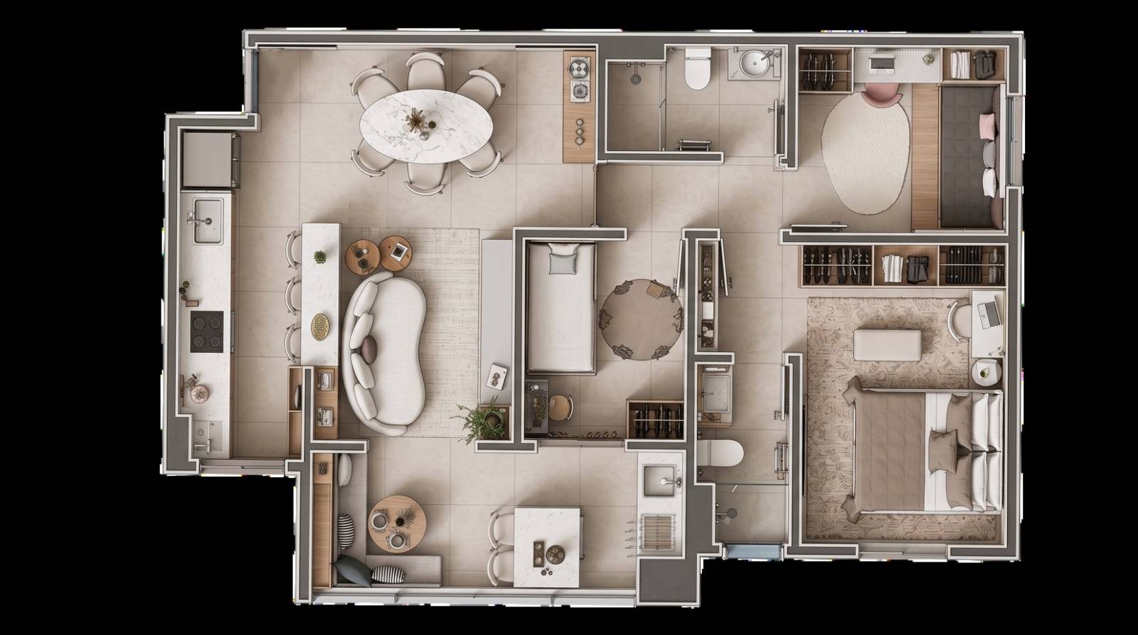 Living do apartamento decorado de 78 m²