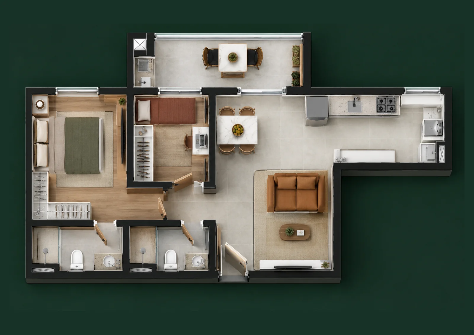 Planta humanizada em 3D do apartamento de 57 m², 2 dormitórios com 1 suíte