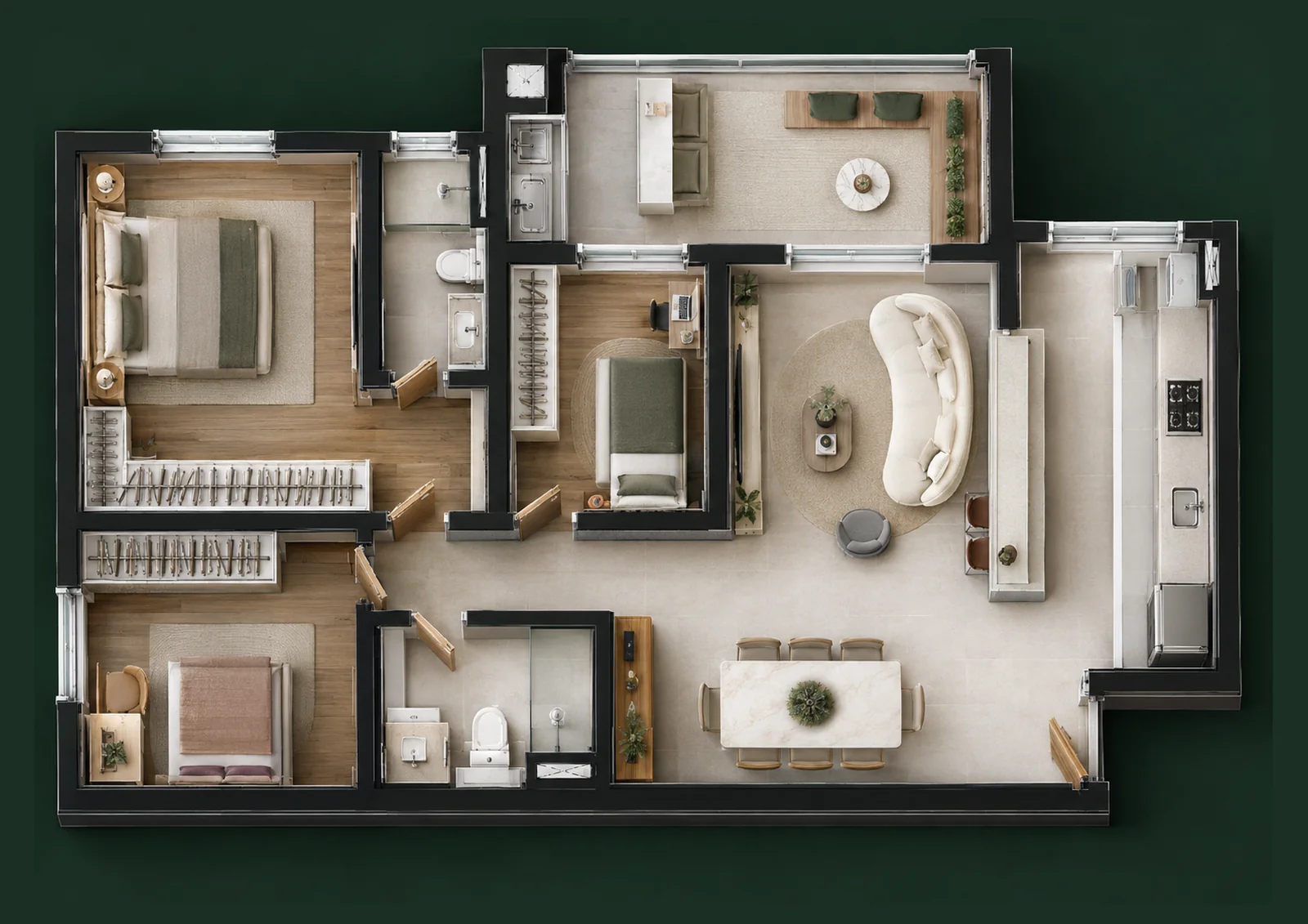 Planta humanizada em 3D do apartamento de 78 m², 3 dormitórios com 1 suíte